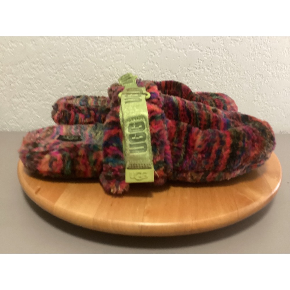 UGG Fluff It Cali Collage Slippers Men 13 Multicolor Faux Fur Logo Strap 1131550